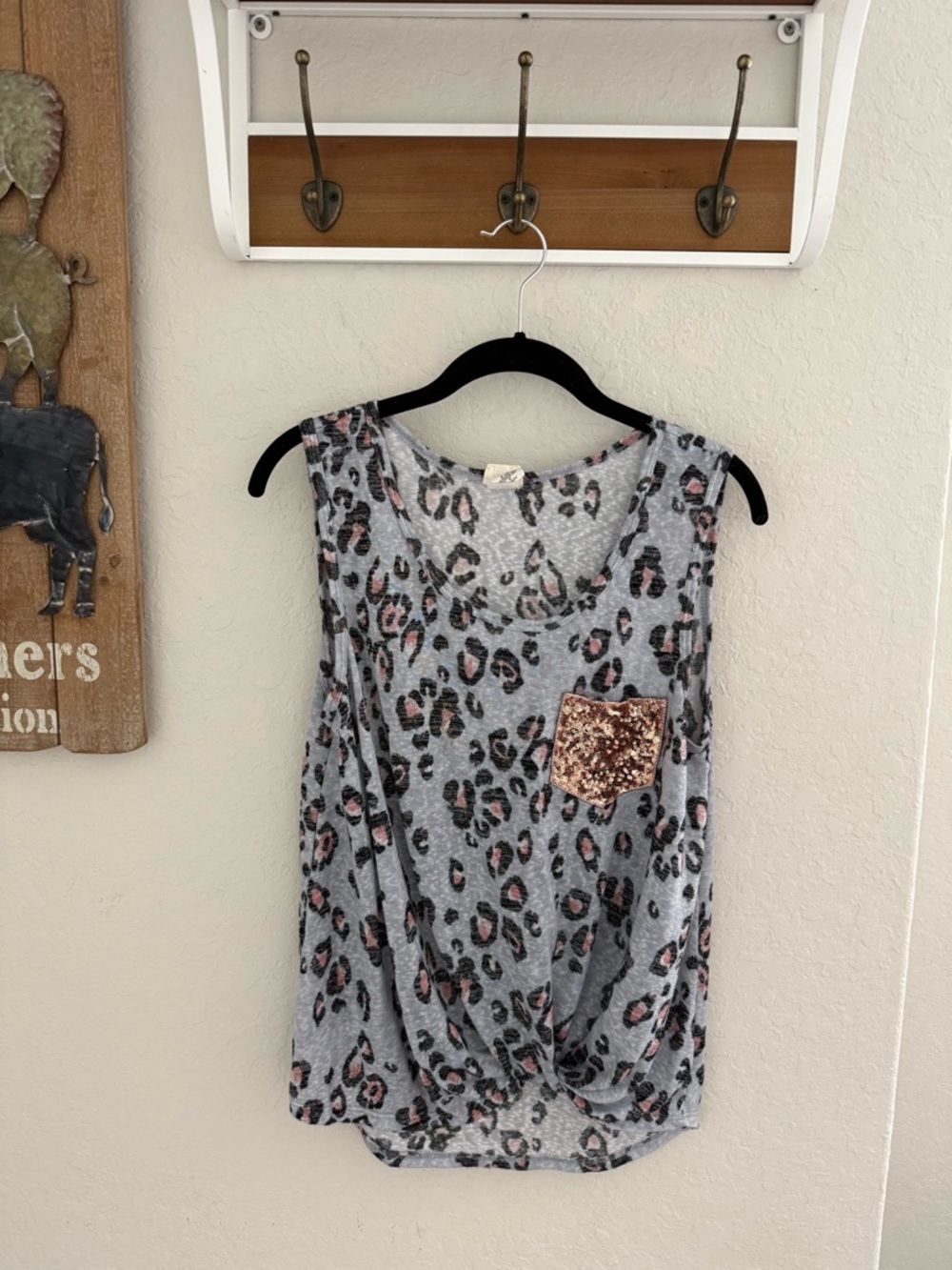 Lovely Melody Gray Leopard Tank with Rose Gold Sequin Pocket
